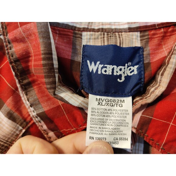 Vintage Men's Wrangler Red Tan Plaid Pearl Snap Long Sleeve Shirt - XL - Picture 10 of 10